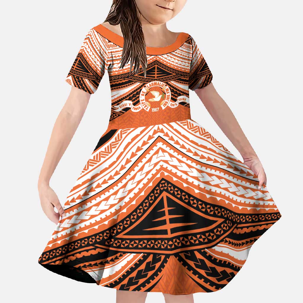 Personalised Tonga Tailulu College Family Matching Long Sleeve Bodycon Dress and Hawaiian Shirt Polynesian Ngatu Tribal LT9 Daughter's Dress Orange - Polynesian Pride