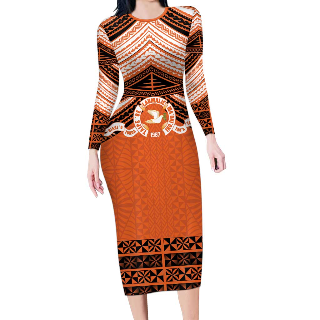 Personalised Tonga Tailulu College Family Matching Long Sleeve Bodycon Dress and Hawaiian Shirt Polynesian Ngatu Tribal LT9 Mom's Dress Orange - Polynesian Pride