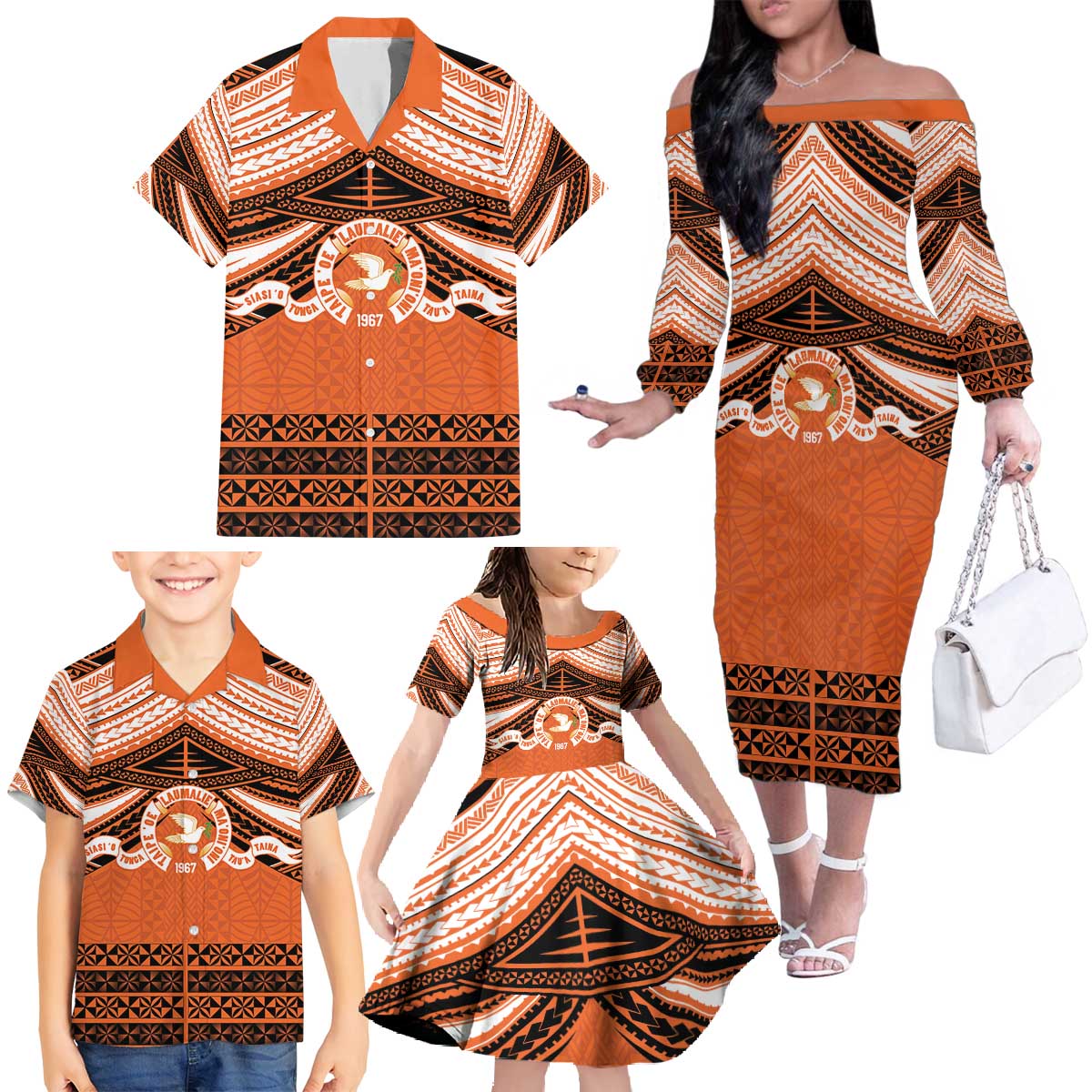 Personalised Tonga Tailulu College Family Matching Off The Shoulder Long Sleeve Dress and Hawaiian Shirt Polynesian Ngatu Tribal LT9 - Polynesian Pride