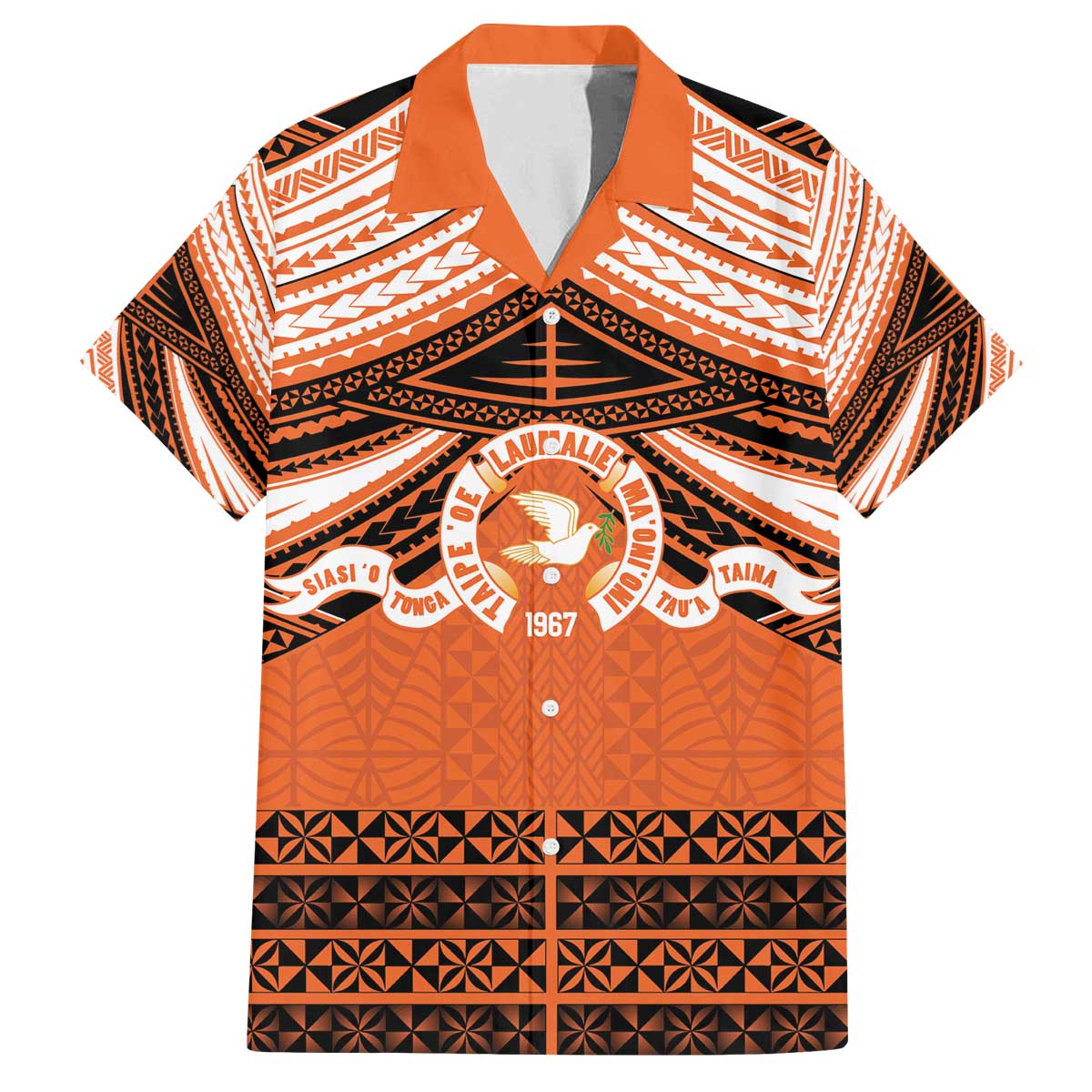 Personalised Tonga Tailulu College Family Matching Off The Shoulder Long Sleeve Dress and Hawaiian Shirt Polynesian Ngatu Tribal LT9 Dad's Shirt - Short Sleeve Orange - Polynesian Pride