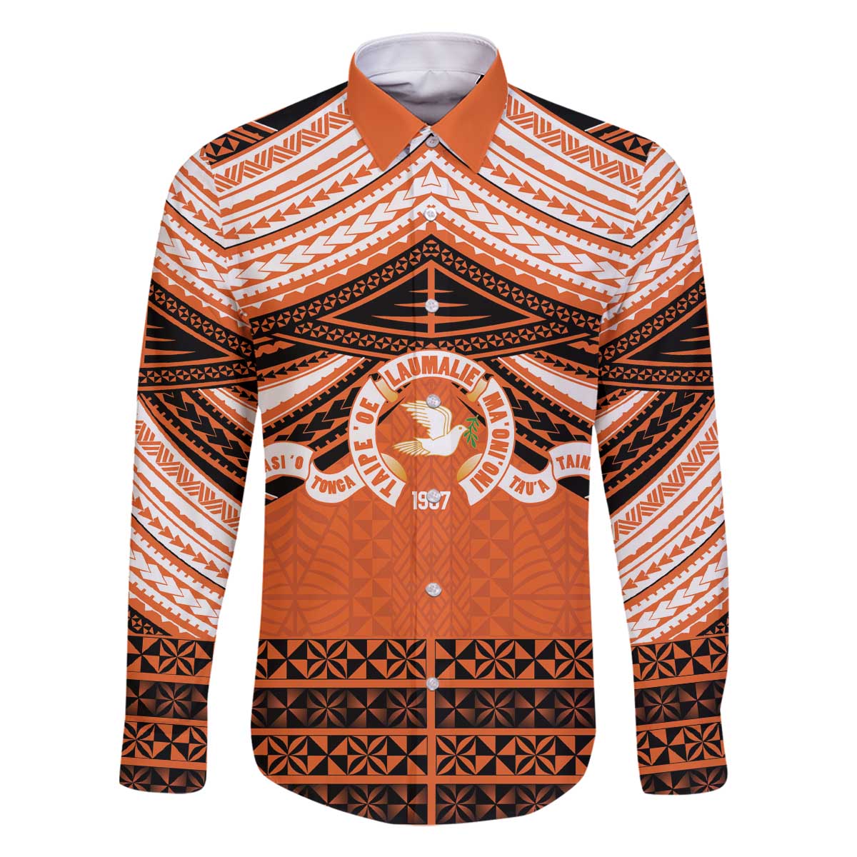 Personalised Tonga Tailulu College Family Matching Off The Shoulder Long Sleeve Dress and Hawaiian Shirt Polynesian Ngatu Tribal LT9 Dad's Shirt - Long Sleeve Orange - Polynesian Pride