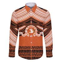 Personalised Tonga Tailulu College Family Matching Off The Shoulder Long Sleeve Dress and Hawaiian Shirt Polynesian Ngatu Tribal LT9 Dad's Shirt - Long Sleeve Orange - Polynesian Pride