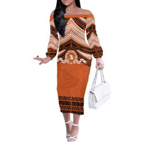 Personalised Tonga Tailulu College Family Matching Off The Shoulder Long Sleeve Dress and Hawaiian Shirt Polynesian Ngatu Tribal LT9 Mom's Dress Orange - Polynesian Pride