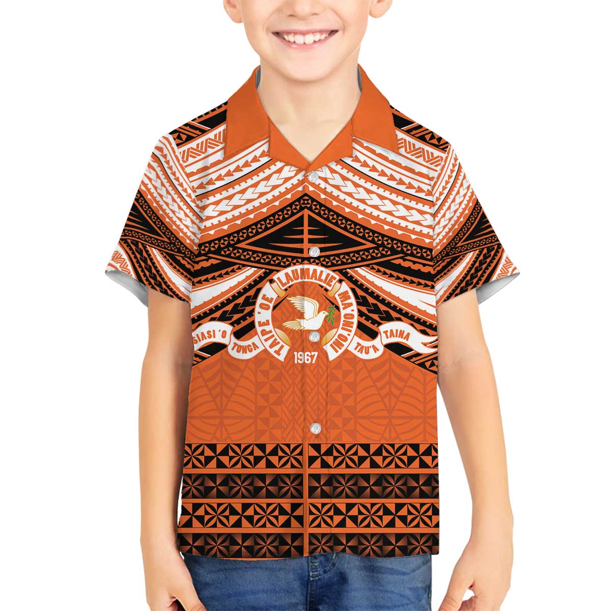 Personalised Tonga Tailulu College Family Matching Off The Shoulder Long Sleeve Dress and Hawaiian Shirt Polynesian Ngatu Tribal LT9 Son's Shirt Orange - Polynesian Pride