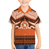 Personalised Tonga Tailulu College Family Matching Off The Shoulder Long Sleeve Dress and Hawaiian Shirt Polynesian Ngatu Tribal LT9 Son's Shirt Orange - Polynesian Pride
