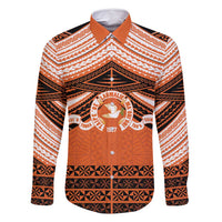 Personalised Tonga Tailulu College Family Matching Off Shoulder Maxi Dress and Hawaiian Shirt Polynesian Ngatu Tribal LT9 Dad's Shirt - Long Sleeve Orange - Polynesian Pride