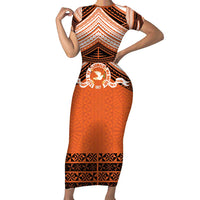 Personalised Tonga Tailulu College Family Matching Short Sleeve Bodycon Dress and Hawaiian Shirt Polynesian Ngatu Tribal LT9 Mom's Dress Orange - Polynesian Pride