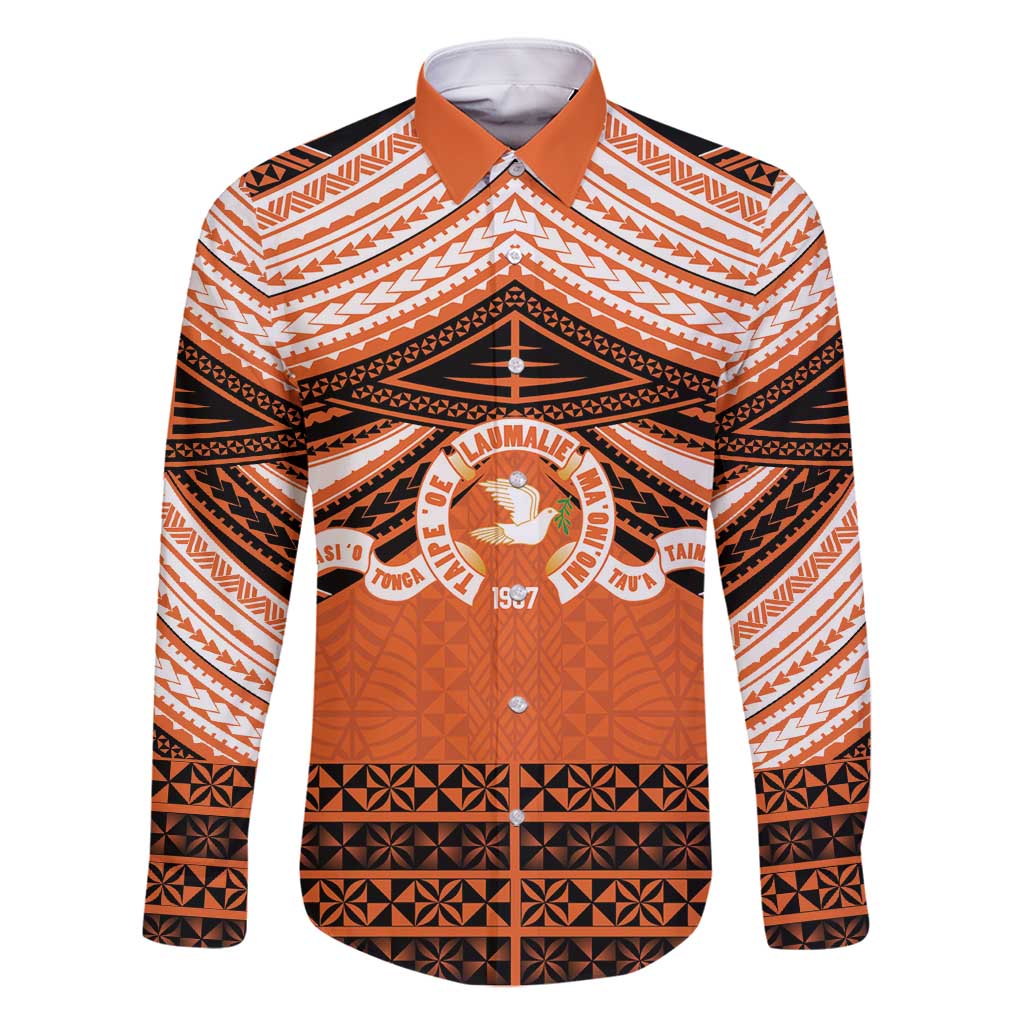 Personalised Tonga Tailulu College Family Matching Summer Maxi Dress and Hawaiian Shirt Polynesian Ngatu Tribal LT9 Dad's Shirt - Long Sleeve Orange - Polynesian Pride