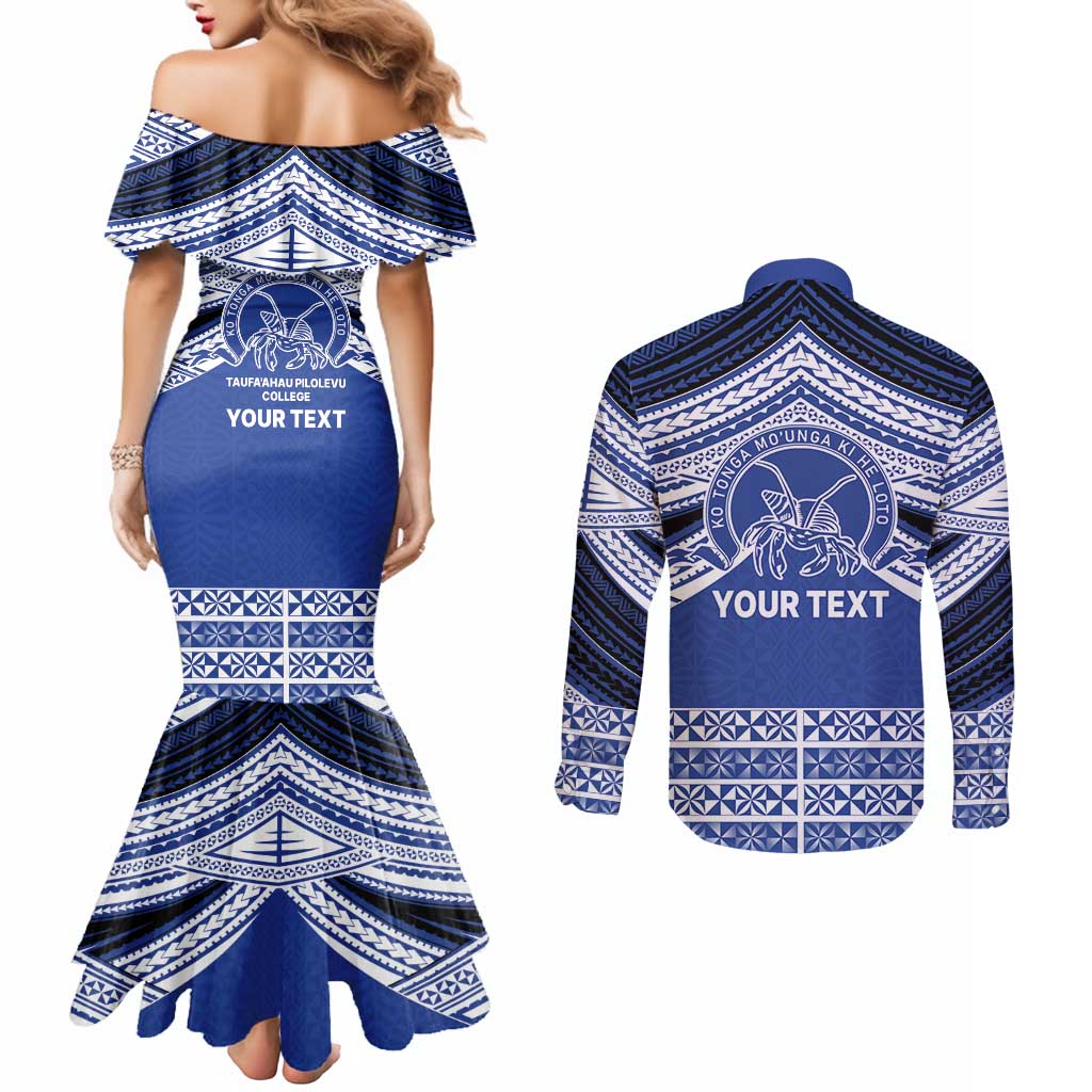 Personalised Tonga Taufa'ahau Pilolevu College Couples Matching Mermaid Dress and Long Sleeve Button Shirt Polynesian Ngatu Tribal LT9 - Polynesian Pride