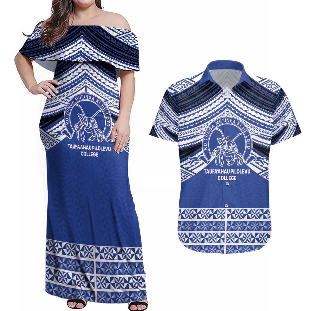 Personalised Tonga Taufa'ahau Pilolevu College Couples Matching Off Shoulder Maxi Dress and Hawaiian Shirt Polynesian Ngatu Tribal LT9 Blue - Polynesian Pride