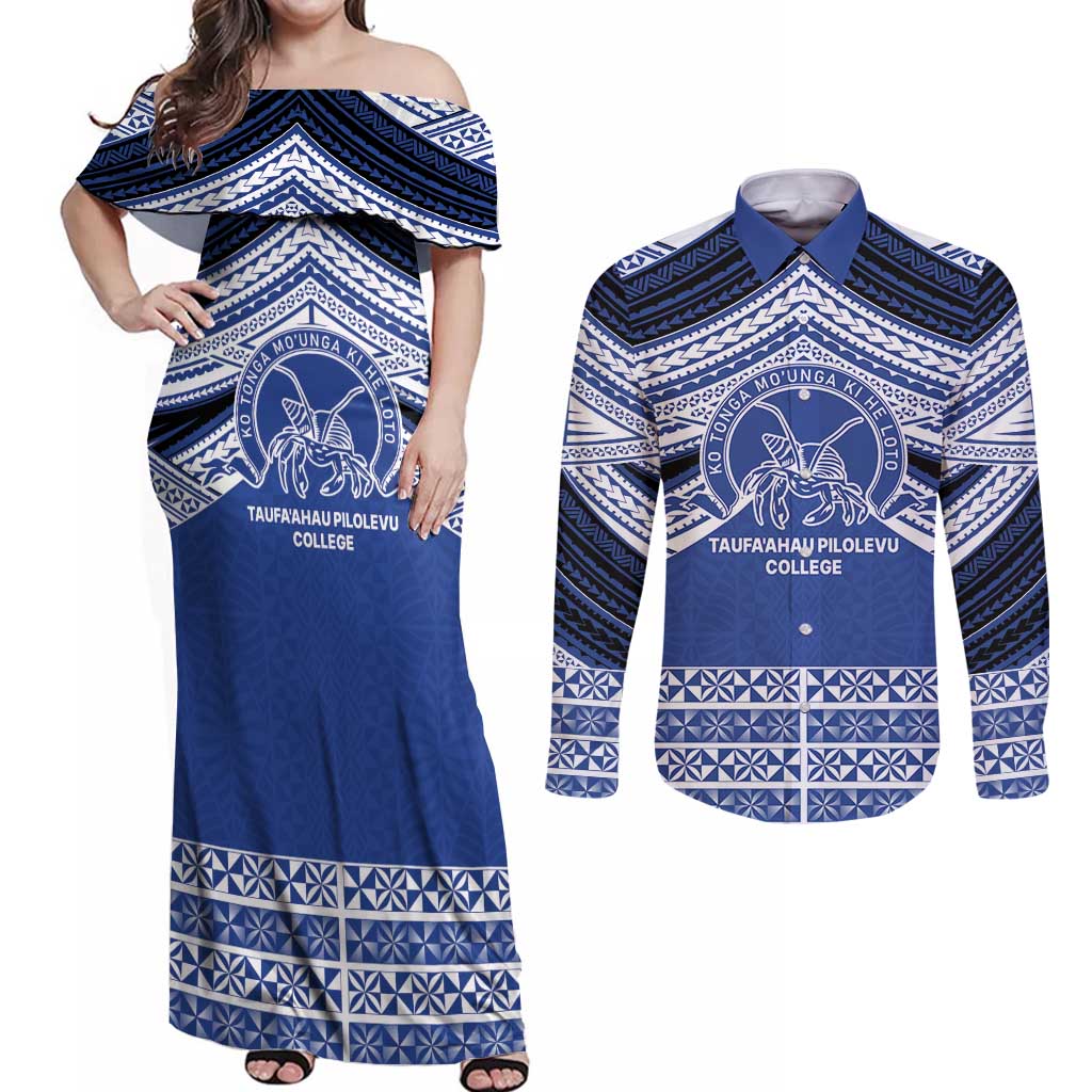 Personalised Tonga Taufa'ahau Pilolevu College Couples Matching Off Shoulder Maxi Dress and Long Sleeve Button Shirt Polynesian Ngatu Tribal