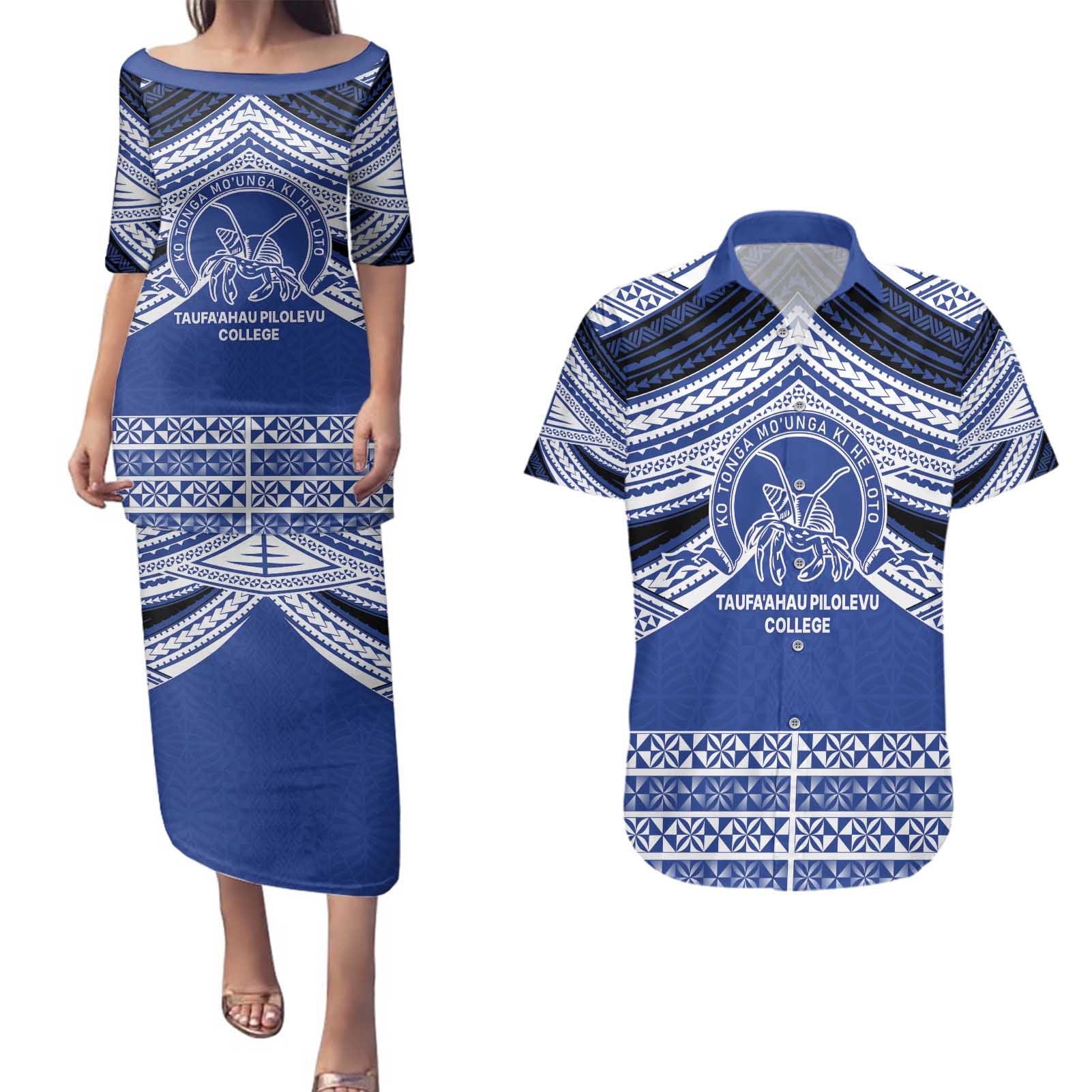 Personalised Tonga Taufa'ahau Pilolevu College Couples Matching Puletasi and Hawaiian Shirt Polynesian Ngatu Tribal