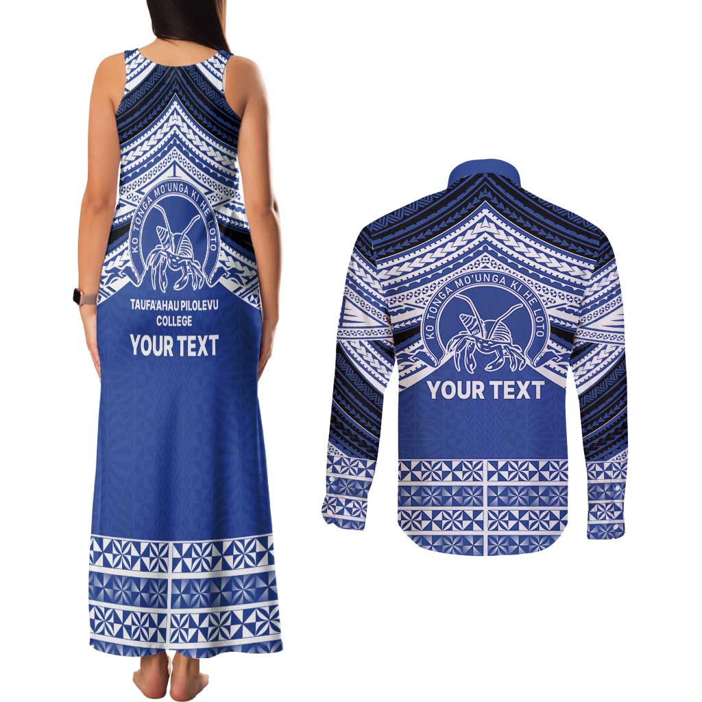 Personalised Tonga Taufa'ahau Pilolevu College Couples Matching Tank Maxi Dress and Long Sleeve Button Shirt Polynesian Ngatu Tribal LT9 - Polynesian Pride