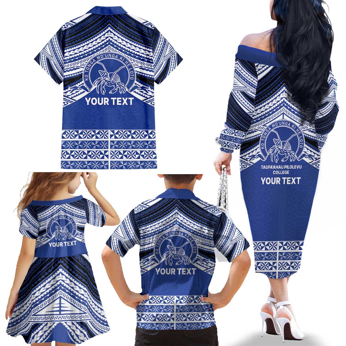 Personalised Tonga Taufa'ahau Pilolevu College Family Matching Off The Shoulder Long Sleeve Dress and Hawaiian Shirt Polynesian Ngatu Tribal LT9 - Polynesian Pride