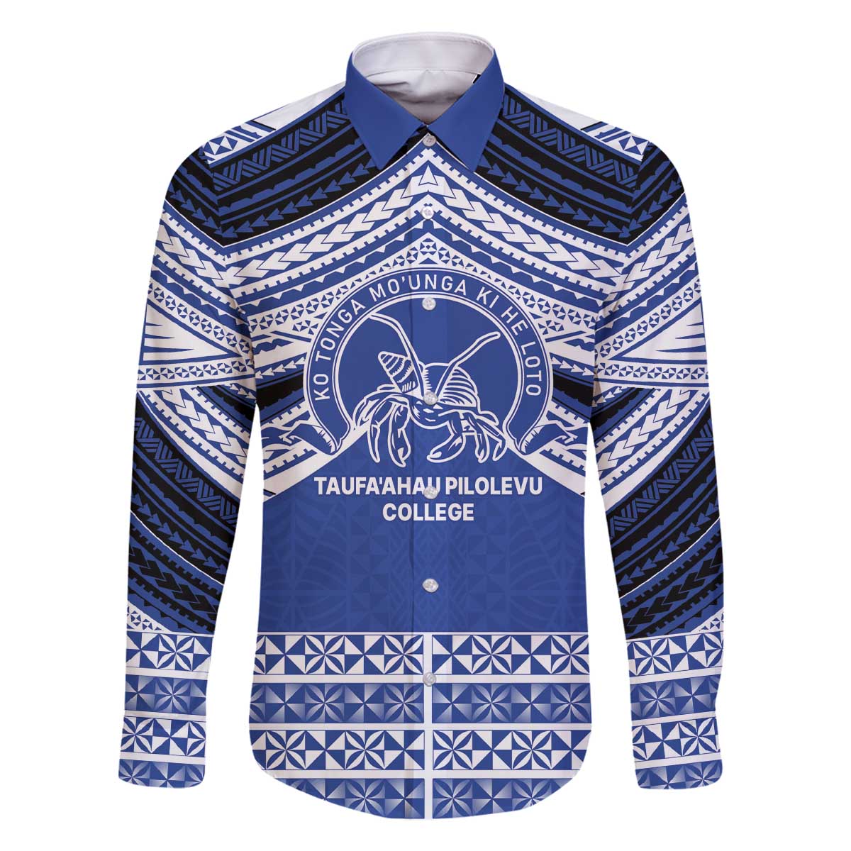 Personalised Tonga Taufa'ahau Pilolevu College Family Matching Off The Shoulder Long Sleeve Dress and Hawaiian Shirt Polynesian Ngatu Tribal LT9 Dad's Shirt - Long Sleeve Blue - Polynesian Pride