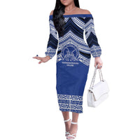 Personalised Tonga Taufa'ahau Pilolevu College Family Matching Off The Shoulder Long Sleeve Dress and Hawaiian Shirt Polynesian Ngatu Tribal LT9 Mom's Dress Blue - Polynesian Pride