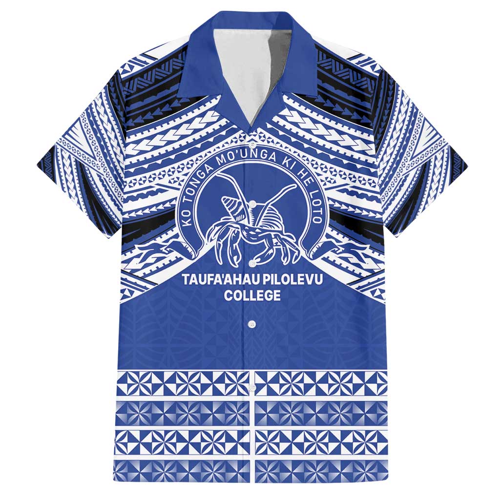 Personalised Tonga Taufa'ahau Pilolevu College Family Matching Off Shoulder Maxi Dress and Hawaiian Shirt Polynesian Ngatu Tribal LT9 Dad's Shirt - Short Sleeve Blue - Polynesian Pride