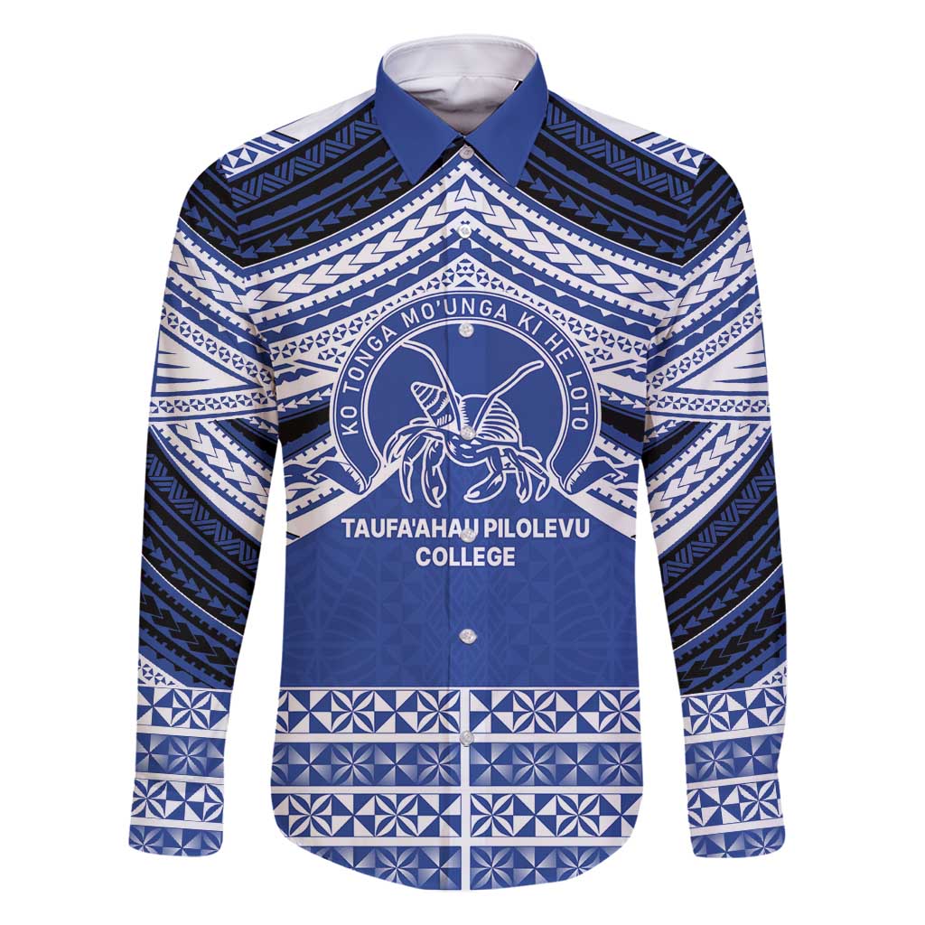 Personalised Tonga Taufa'ahau Pilolevu College Family Matching Off Shoulder Maxi Dress and Hawaiian Shirt Polynesian Ngatu Tribal LT9 Dad's Shirt - Long Sleeve Blue - Polynesian Pride