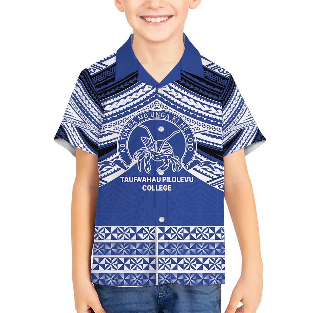 Personalised Tonga Taufa'ahau Pilolevu College Family Matching Off Shoulder Maxi Dress and Hawaiian Shirt Polynesian Ngatu Tribal LT9 Son's Shirt Blue - Polynesian Pride