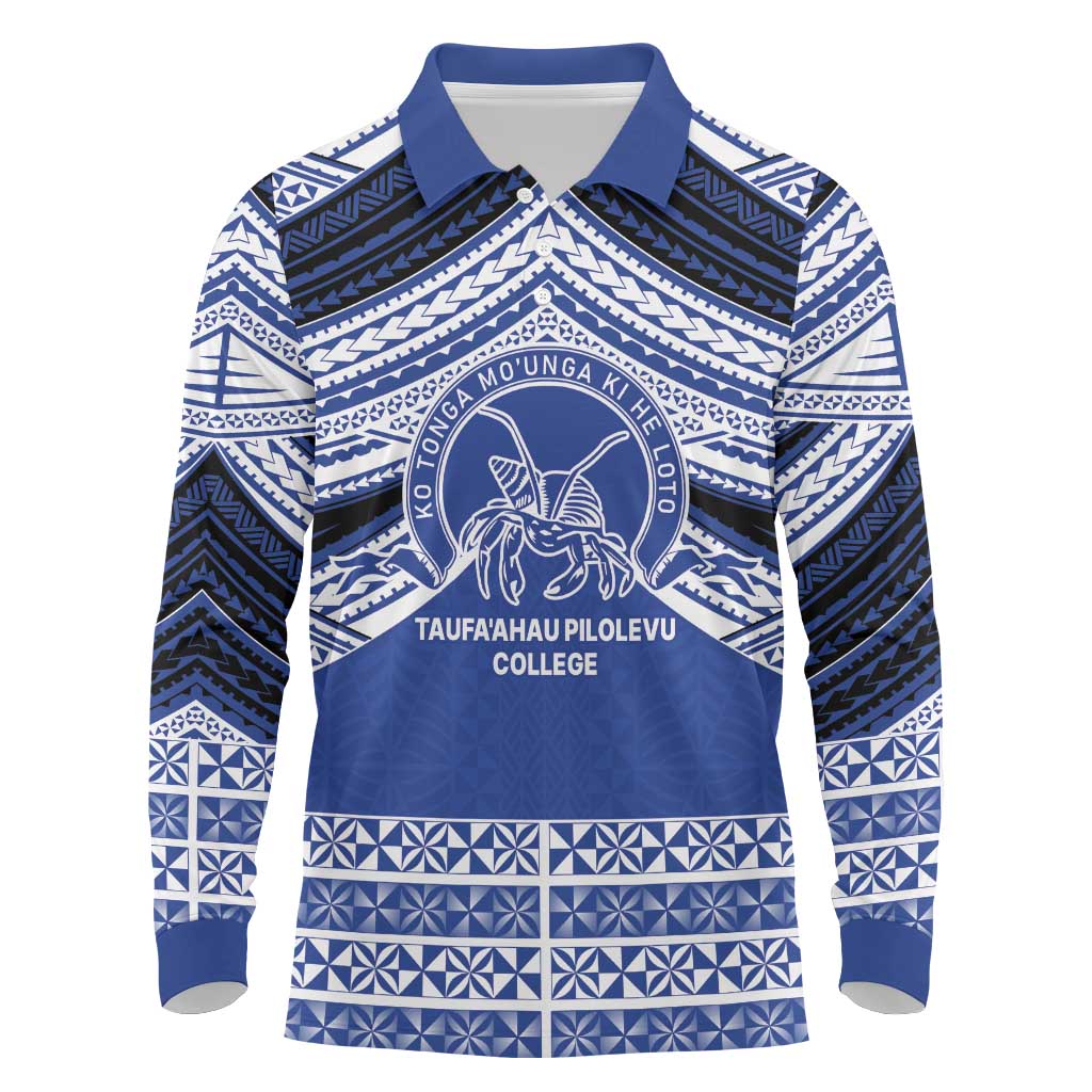 Personalised Tonga Taufa'ahau Pilolevu College Long Sleeve Polo Shirt Polynesian Ngatu Tribal