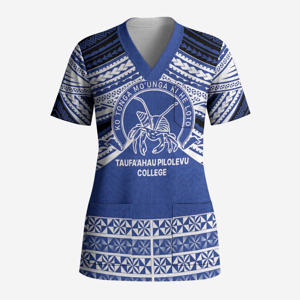 Personalised Tonga Taufa'ahau Pilolevu College Scrub Top Polynesian Ngatu Tribal - Polynesian Pride