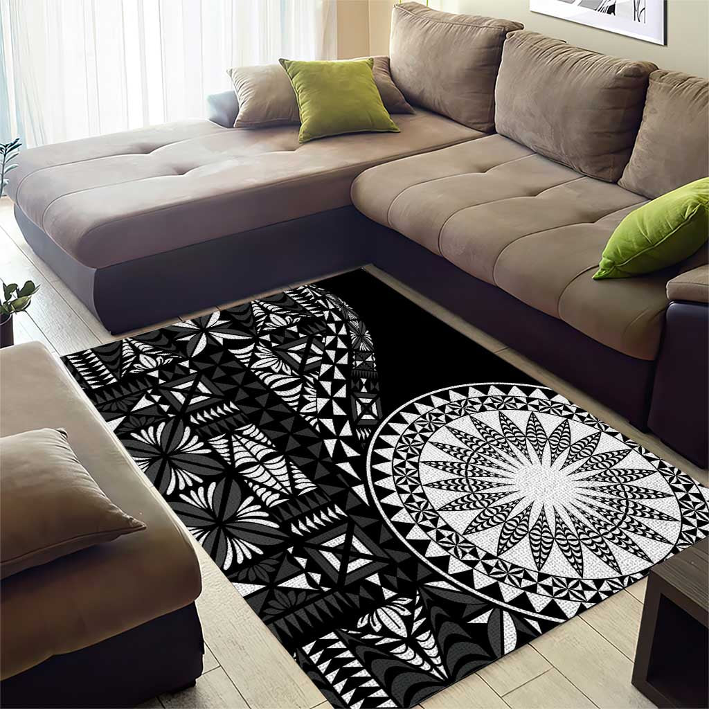 Black Tongan Ngatu Fonulei Pattern Area Rug