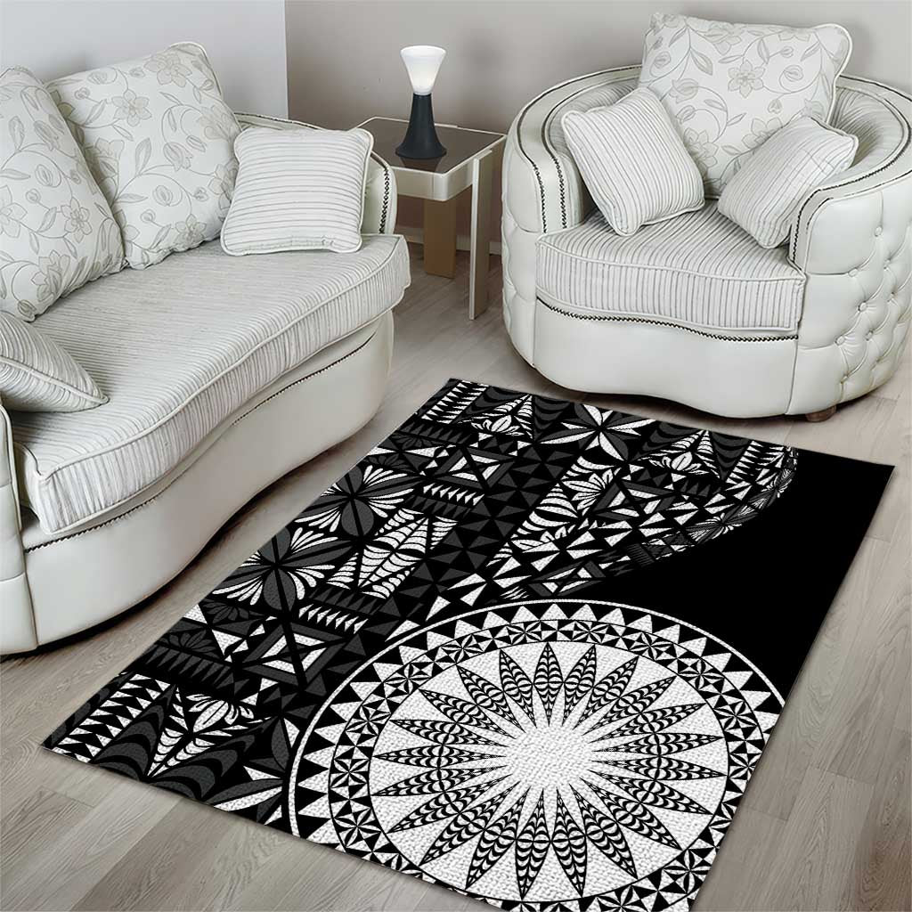 Black Tongan Ngatu Fonulei Pattern Area Rug