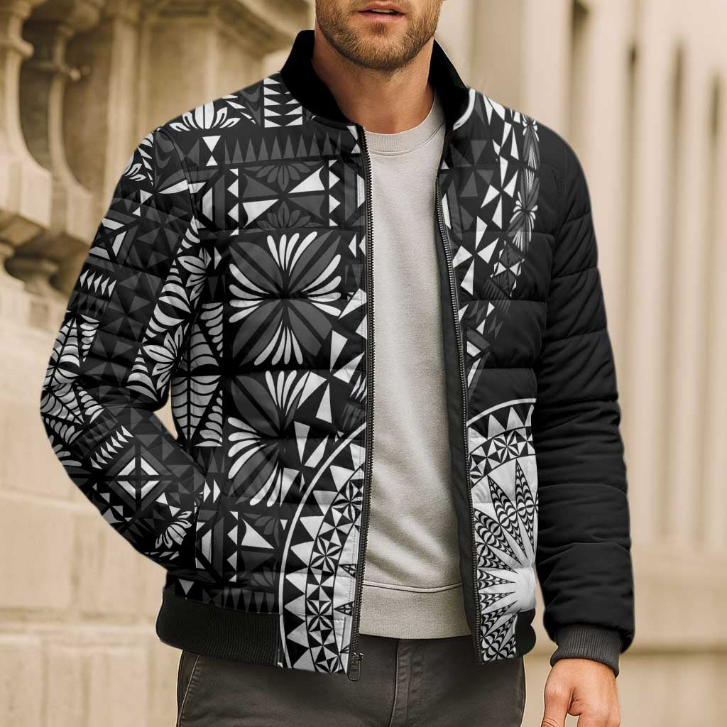 Black Tongan Ngatu Fonulei Pattern Bomber Puffer Jacket - Polynesian Pride