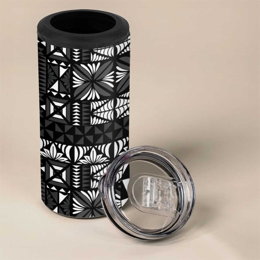 Black Tongan Ngatu Fonulei Pattern 4 in 1 Can Cooler Tumbler