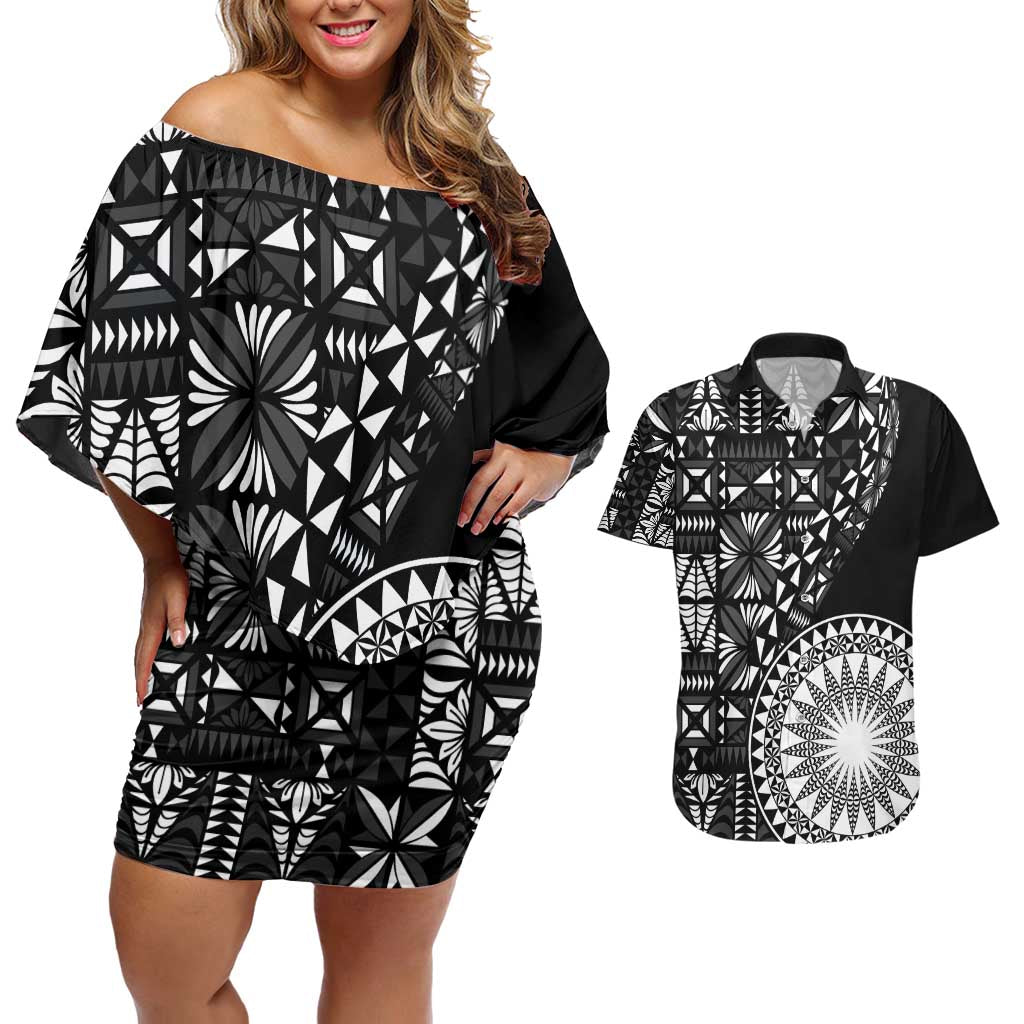 Black Tongan Ngatu Fonulei Pattern Couples Matching Off Shoulder Short Dress and Hawaiian Shirt