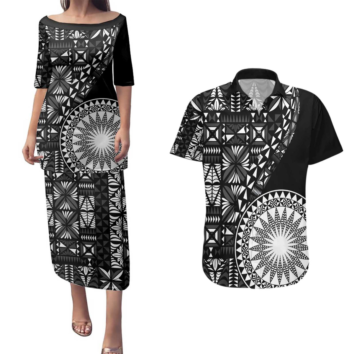 Black Tongan Ngatu Fonulei Pattern Couples Matching Puletasi and Hawaiian Shirt