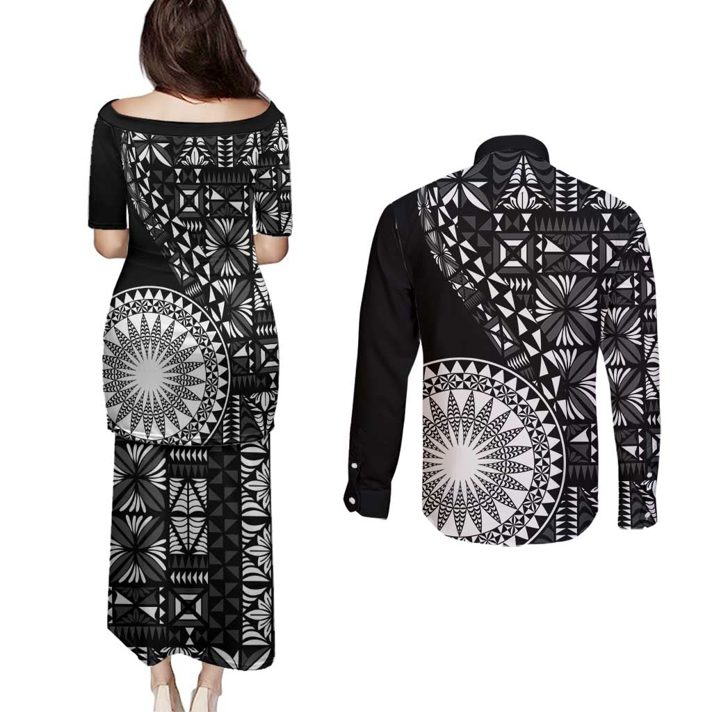Black Tongan Ngatu Fonulei Pattern Couples Matching Puletasi and Long Sleeve Button Shirt
