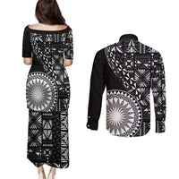 Black Tongan Ngatu Fonulei Pattern Couples Matching Puletasi and Long Sleeve Button Shirt