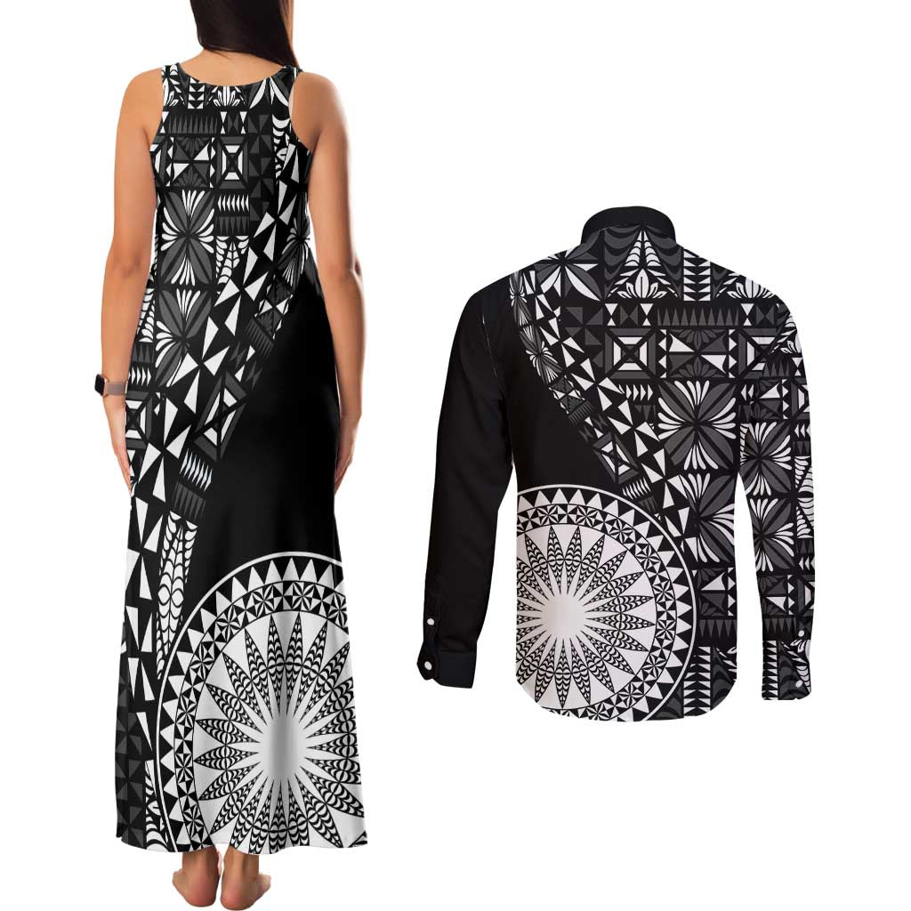 Black Tongan Ngatu Fonulei Pattern Couples Matching Tank Maxi Dress and Long Sleeve Button Shirt