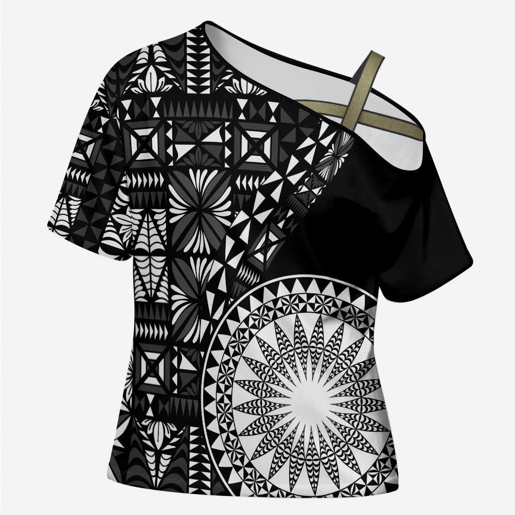 Black Tongan Ngatu Fonulei Pattern Cross Shoulder Shirt - Polynesian Pride