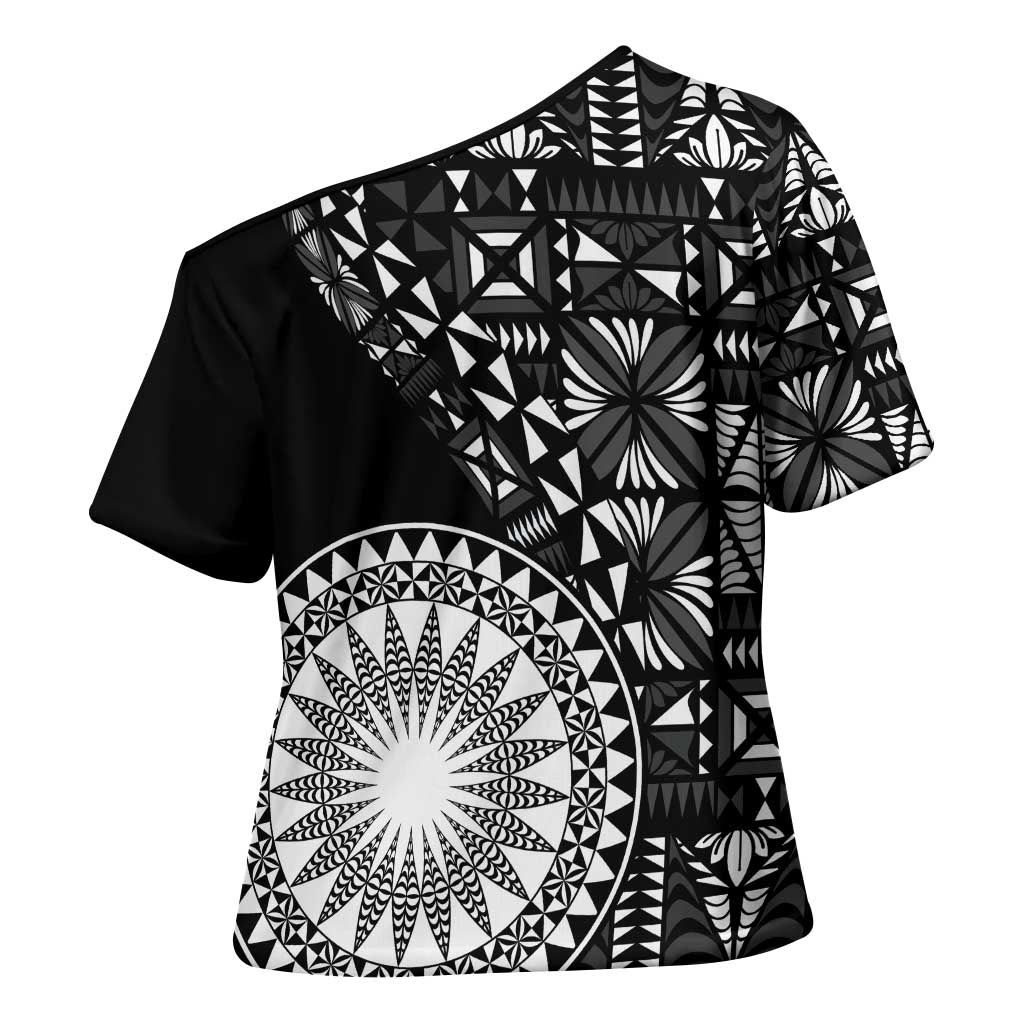 Black Tongan Ngatu Fonulei Pattern Cross Shoulder Shirt - Polynesian Pride
