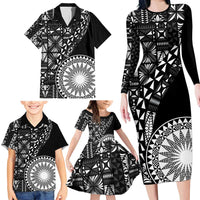 Black Tongan Ngatu Fonulei Pattern Family Matching Long Sleeve Bodycon Dress and Hawaiian Shirt LT9 - Polynesian Pride