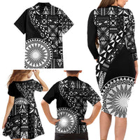 Black Tongan Ngatu Fonulei Pattern Family Matching Long Sleeve Bodycon Dress and Hawaiian Shirt LT9 - Polynesian Pride