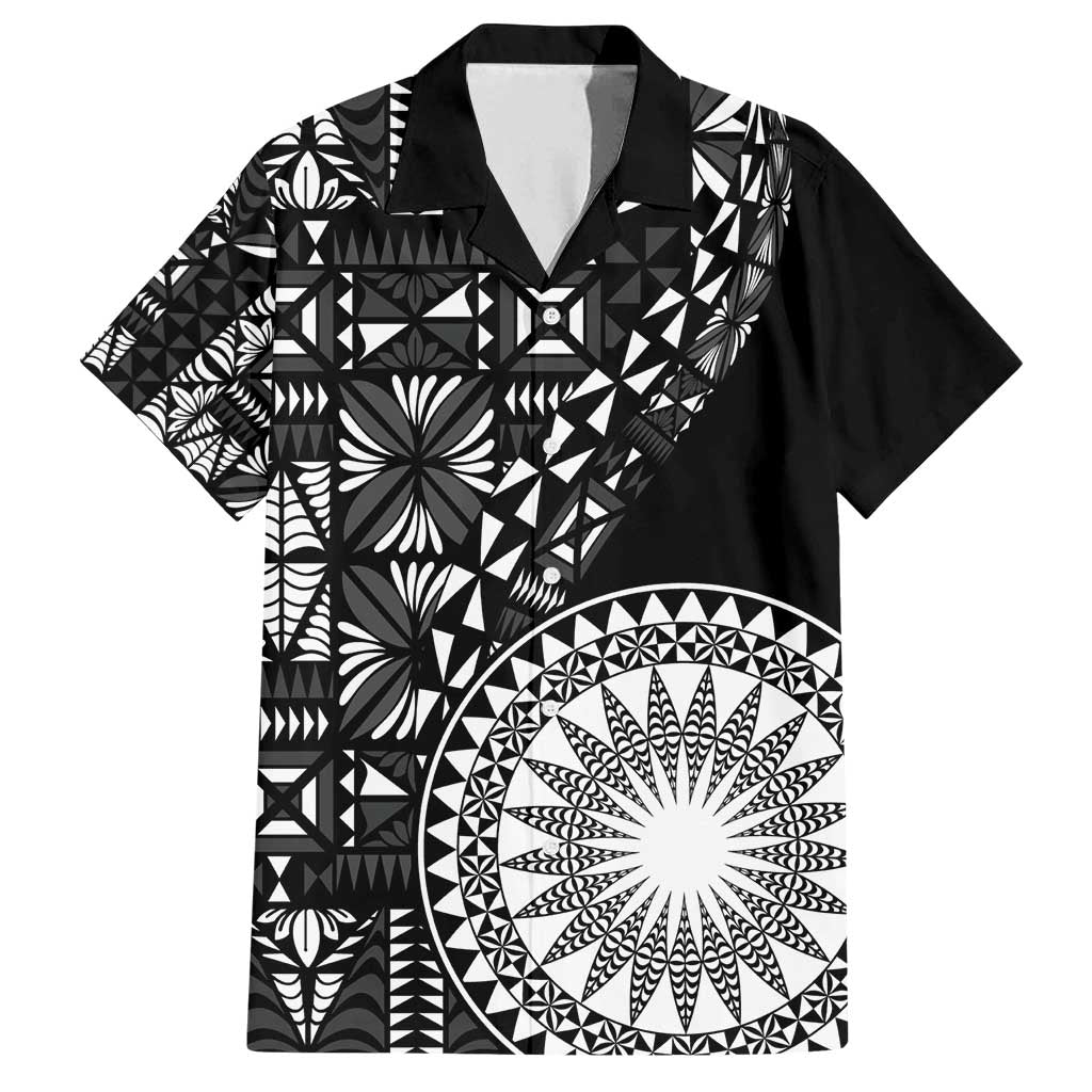 Black Tongan Ngatu Fonulei Pattern Family Matching Long Sleeve Bodycon Dress and Hawaiian Shirt LT9 Dad's Shirt - Short Sleeve Black - Polynesian Pride