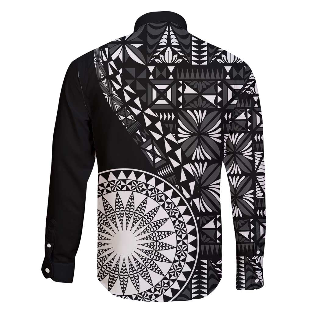 Black Tongan Ngatu Fonulei Pattern Family Matching Long Sleeve Bodycon Dress and Hawaiian Shirt LT9 - Polynesian Pride