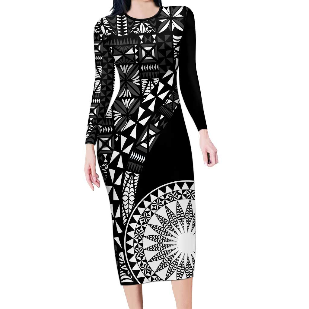 Black Tongan Ngatu Fonulei Pattern Family Matching Long Sleeve Bodycon Dress and Hawaiian Shirt LT9 Mom's Dress Black - Polynesian Pride