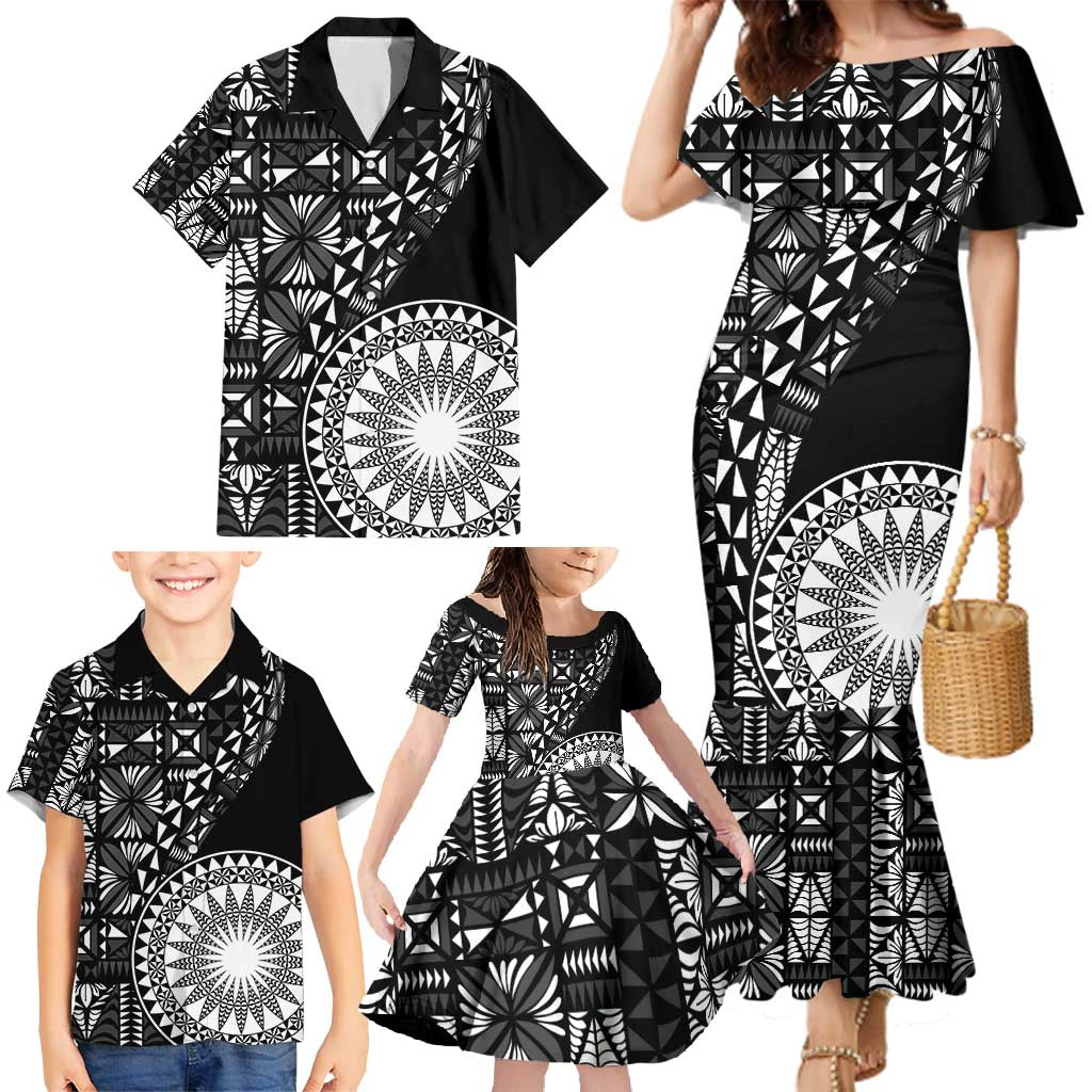 Black Tongan Ngatu Fonulei Pattern Family Matching Mermaid Dress and Hawaiian Shirt LT9 - Polynesian Pride