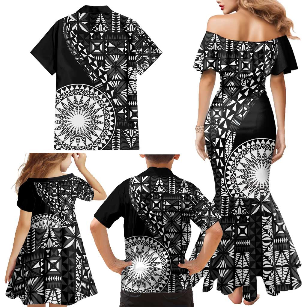 Black Tongan Ngatu Fonulei Pattern Family Matching Mermaid Dress and Hawaiian Shirt LT9 - Polynesian Pride