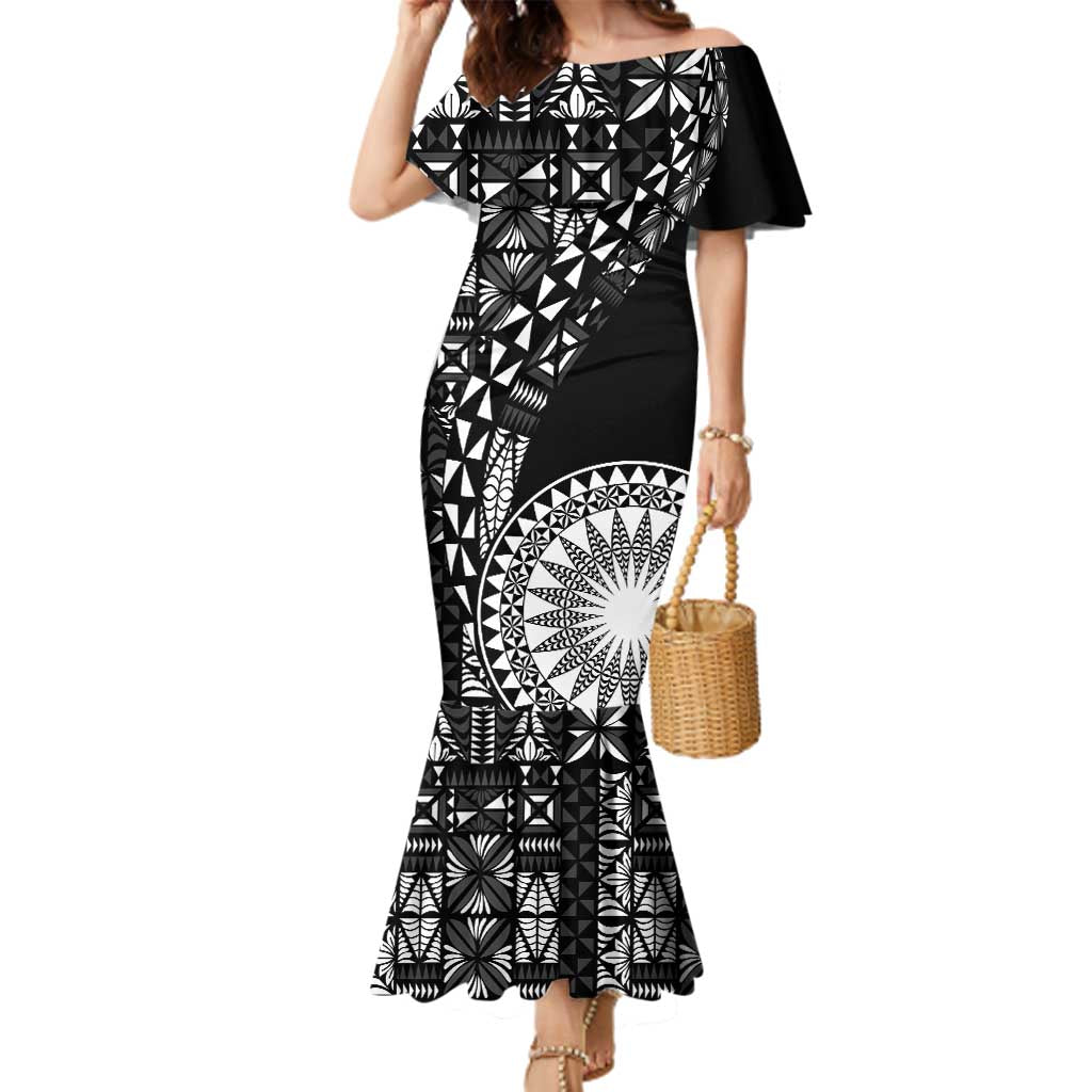 Black Tongan Ngatu Fonulei Pattern Family Matching Mermaid Dress and Hawaiian Shirt LT9 Mom's Dress Black - Polynesian Pride