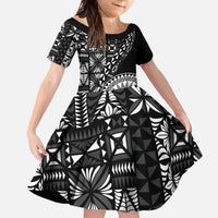Black Tongan Ngatu Fonulei Pattern Family Matching Off The Shoulder Long Sleeve Dress and Hawaiian Shirt LT9 Daughter's Dress Black - Polynesian Pride