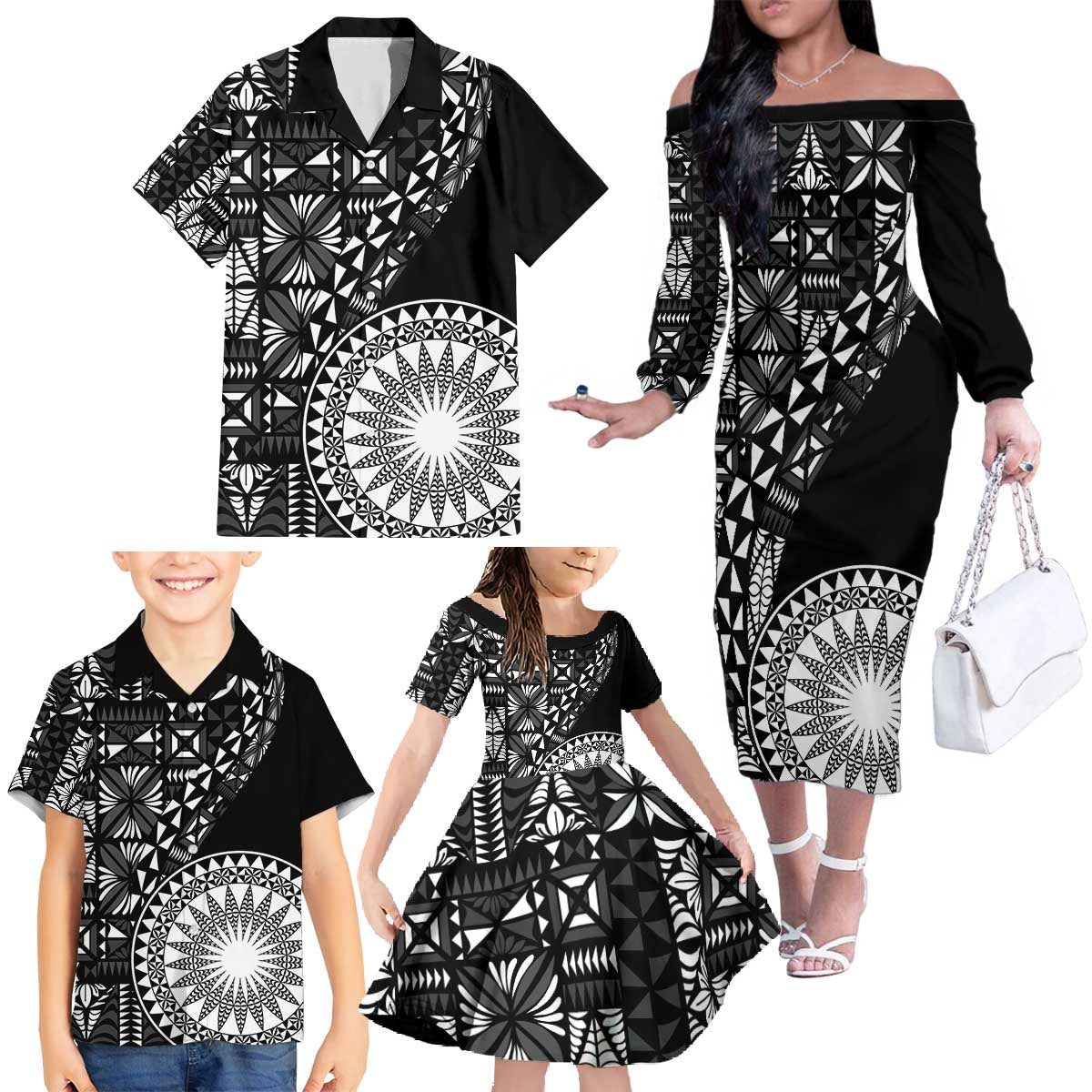 Black Tongan Ngatu Fonulei Pattern Family Matching Off The Shoulder Long Sleeve Dress and Hawaiian Shirt LT9 - Polynesian Pride