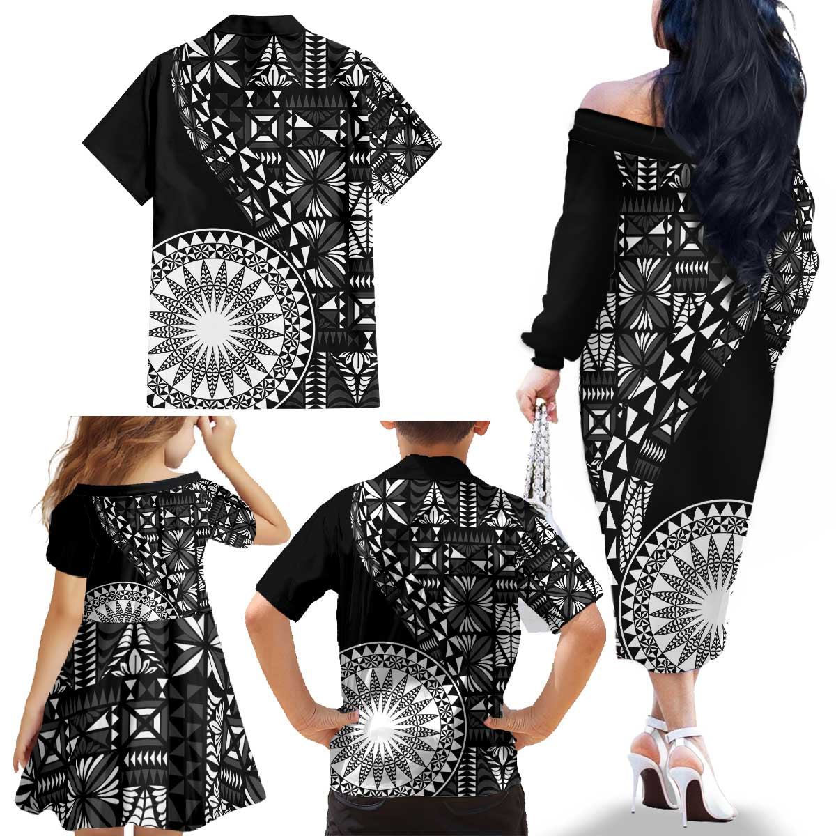 Black Tongan Ngatu Fonulei Pattern Family Matching Off The Shoulder Long Sleeve Dress and Hawaiian Shirt LT9 - Polynesian Pride