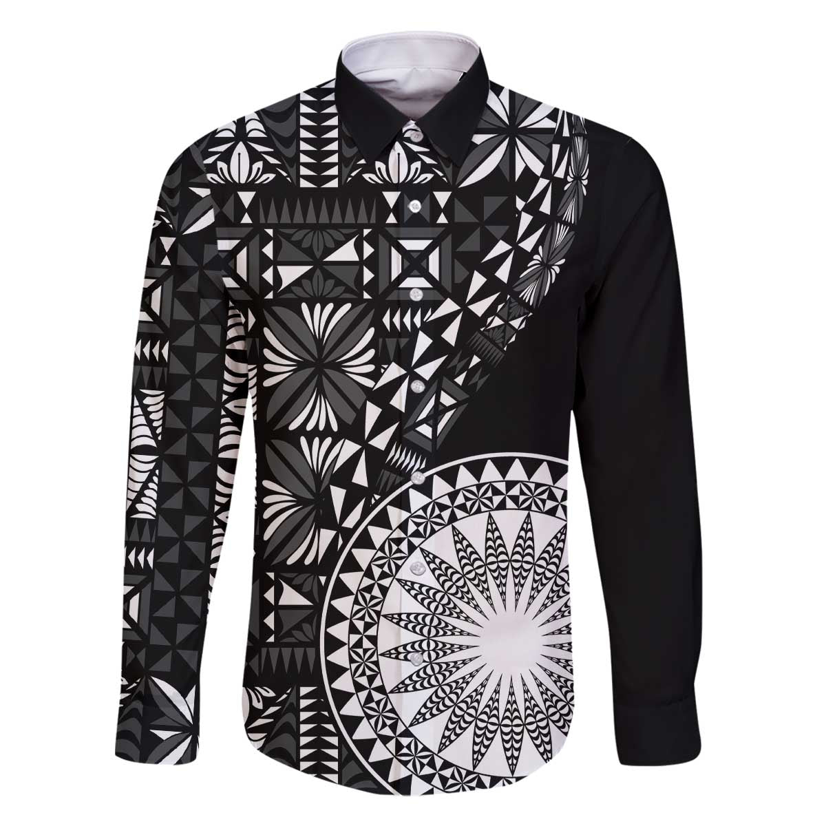 Black Tongan Ngatu Fonulei Pattern Family Matching Off The Shoulder Long Sleeve Dress and Hawaiian Shirt LT9 Dad's Shirt - Long Sleeve Black - Polynesian Pride