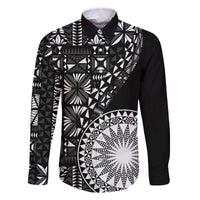 Black Tongan Ngatu Fonulei Pattern Family Matching Off The Shoulder Long Sleeve Dress and Hawaiian Shirt LT9 Dad's Shirt - Long Sleeve Black - Polynesian Pride