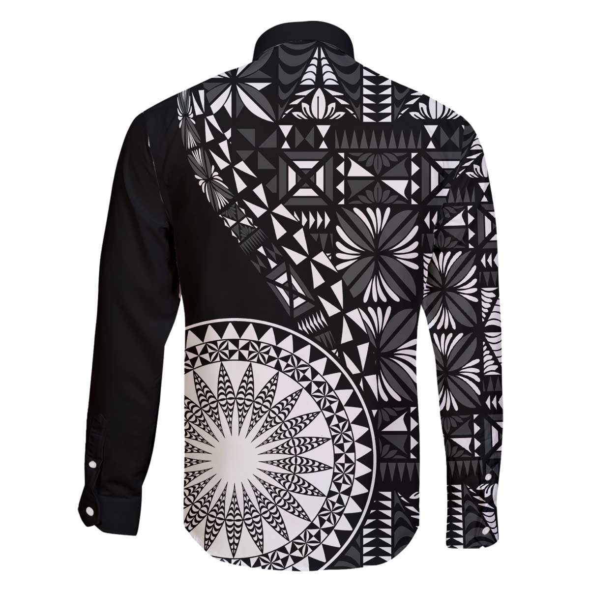 Black Tongan Ngatu Fonulei Pattern Family Matching Off The Shoulder Long Sleeve Dress and Hawaiian Shirt LT9 - Polynesian Pride